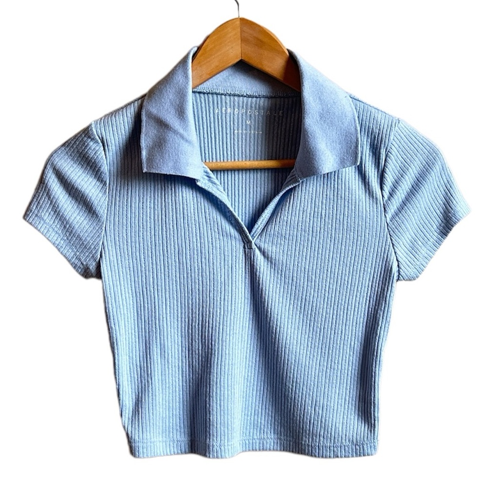 Aeropostale Crop Medium Ribbed Short Sleeve with Collar Baby Blue Knitted Top